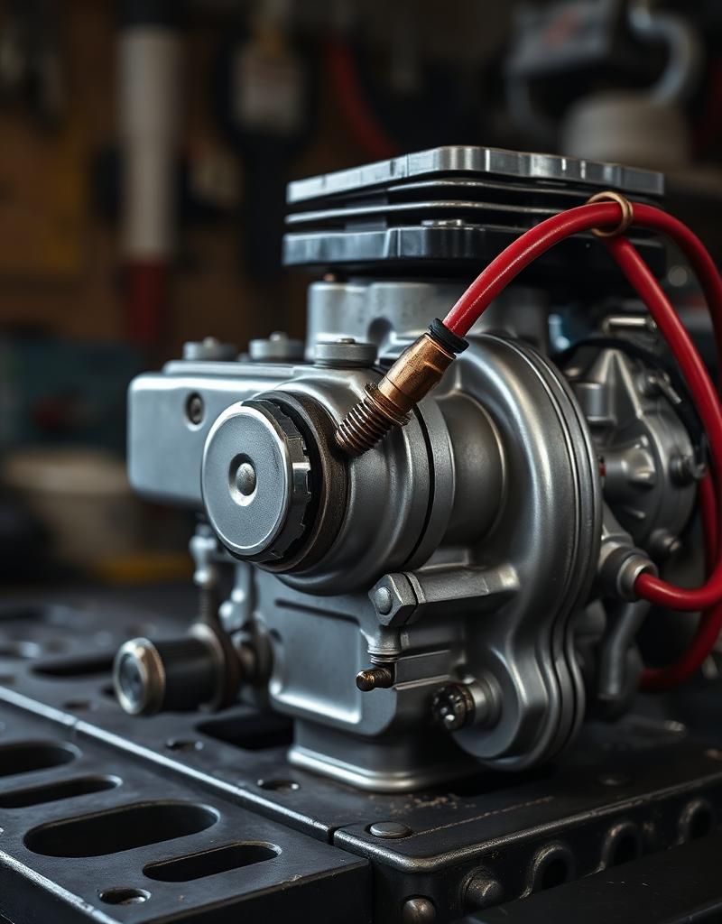 High-compression go-kart engine head with red spark plug wire