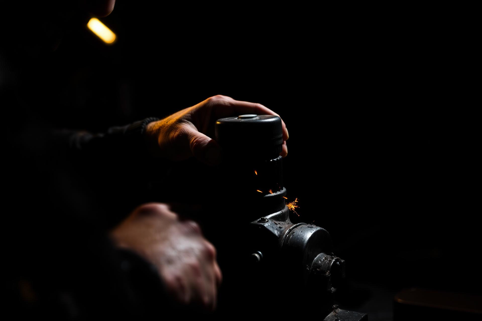 Mechanic's hands working on a small engine, hot orange sparks flying in a dark workshop